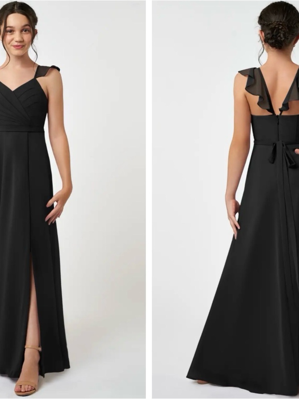 Azazie Black Ruffle-Shoulder V-Neck Maxi Dress perfect for junior bridesmaid